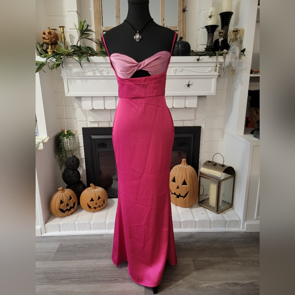 Pretty Little Thing Hot Pink Satin Contrast Twist Cup Midaxi Dress Size 2